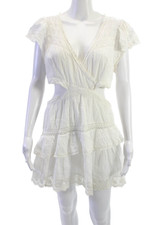 Love Shack Fancy Women Mini Wrap Dress White Cotton V Neck Short Sleeve Size XL