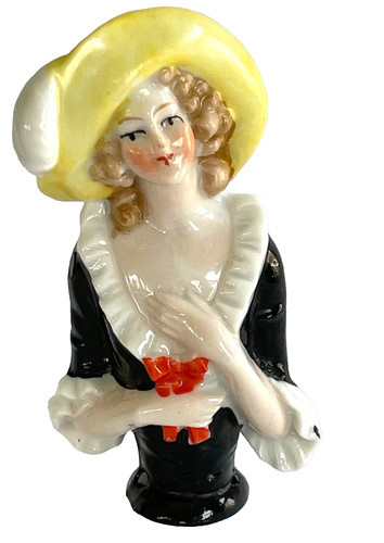 Antique Half Doll Yellow Hat Lady With Golden Hair Pin Cushion Porcelain Doll