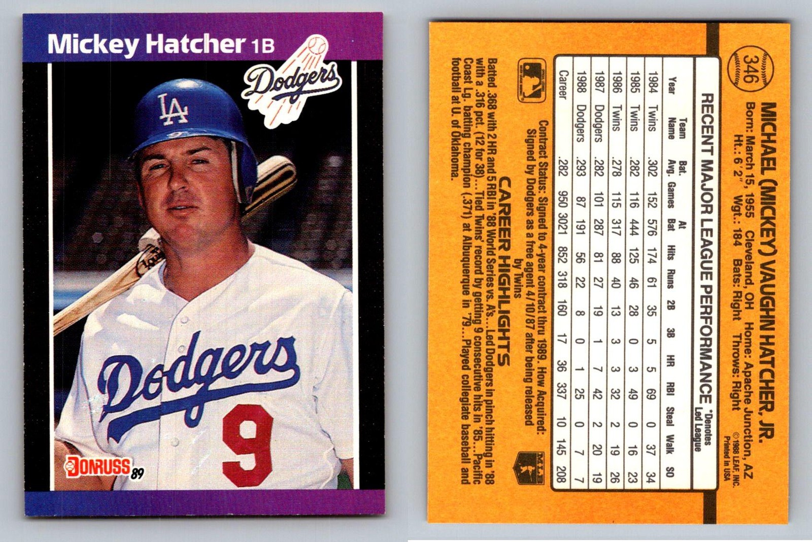 Mickey Hatcher First Baseman Los Angeles Dodgers Donruss 1989 Card 346