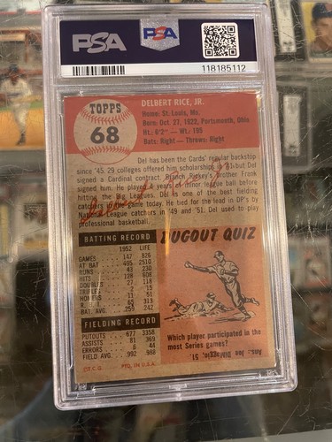 1953 TOPPS #68 DEL RICE ST. LOUIS CARDINALS BASEBALL CARD PSA 5 EX - Picture 2 of 2