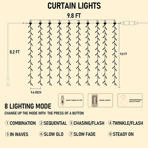 FUNPENY Window Curtain String Lights, 300 LED 8 Lighting Modes Warm White - Picture 4 of 8