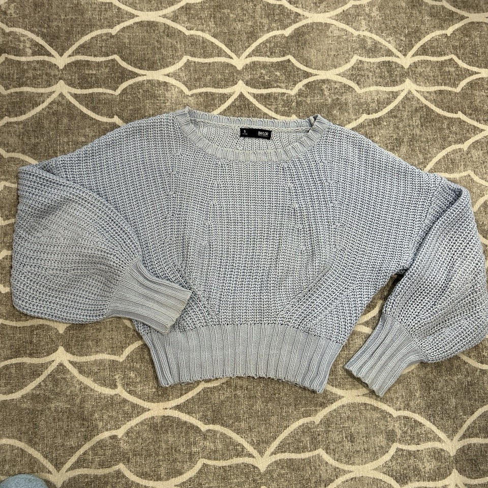 Fisherman Cable Knit Blue Cropped Jumper Sz S Lantern Balloon Sleeves Soft Girl 