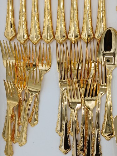1847 Rogers Bros E.P. Korea Gold Tone Silverware Fork Spoon with box 54 Pieces - Picture 10 of 14