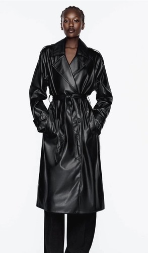 ZARA DOUBLE BREASTED BLACK FAUX LEATHER TRENCH COAT BELT Long size M NEW 3046 - Picture 3 of 10