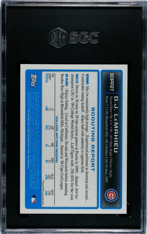2009 年 Bowman Chrome BDPP27 D.J. LeMahieu RC 新秀 SGC 9.5 PSA — 第 2/2 张图片