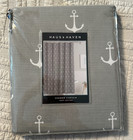 HAUS & HAVEN SHOWER CURTAIN NEW IN PACKAGE 100% COTTON GRAY WITH ANCHORS NAVY