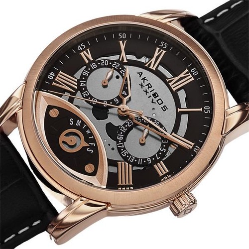 Akribos XXIV AK725RG Day Date GMT Roman Numerals Rosetone Black Mens Watch - Picture 4 of 5
