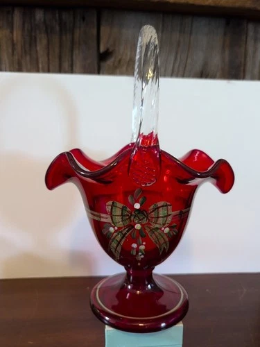 Fenton Art Glass Ruby Red Hand painted Christmas Bow Basket 10" D. Fredrick