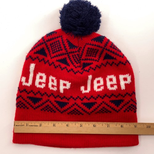 Vintage Jeep Made Canada Winter Pom Pom Hat Red Blue White - Picture 5 of 6