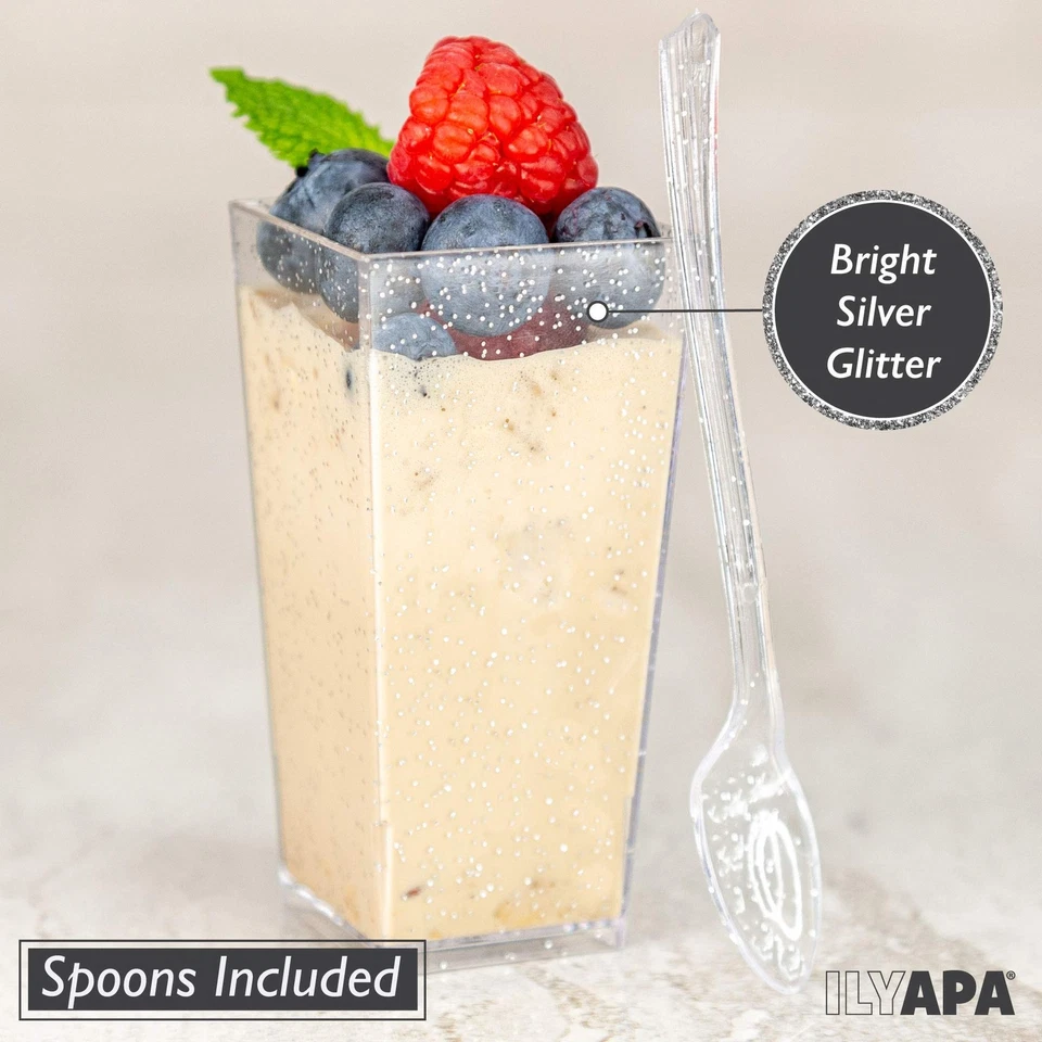 100 mini tazas de postre de plástico con cucharas - tiradores de postres con brillo plateado de 3 oz Foto 4 de 4