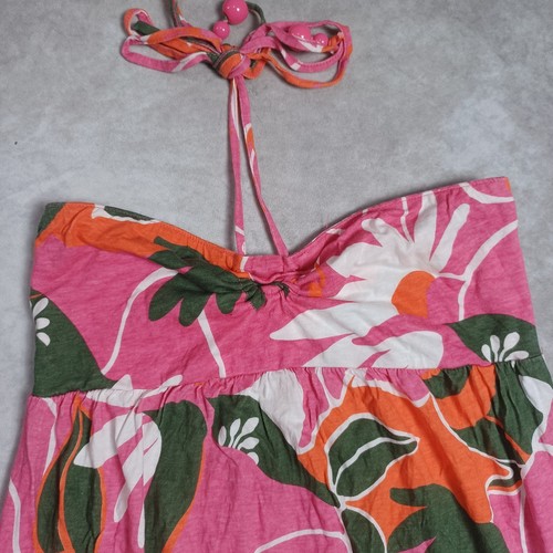 Y2K Halter Babydoll Mini Dress Womens Large Pink 60s Floral Print Beach Tropical - Picture 4 of 10