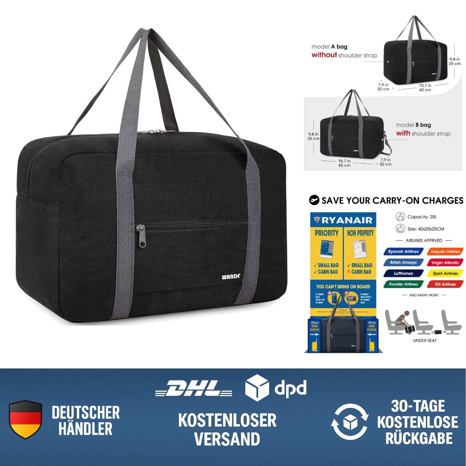 Reisetasche Handgepäck 40x20x25cm  Faltbar Wochenendtasche Sporttasche