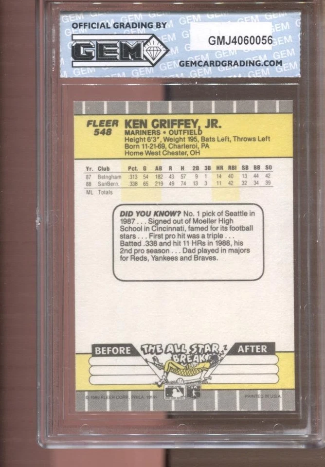 1989 Ken Griffey Jr Fleer #548 Gem Mint 10 RC Rookie Mariners Reds - Image 2 of 2