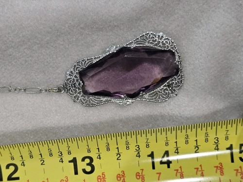 Antique Art Deco Amethyst Glass Faux Pearl Filigree Rhodium Plated Necklace 23" - Picture 13 of 14