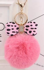 Leopard Print Bow w crystals Pink Puff Ball Bag Charm Keychain