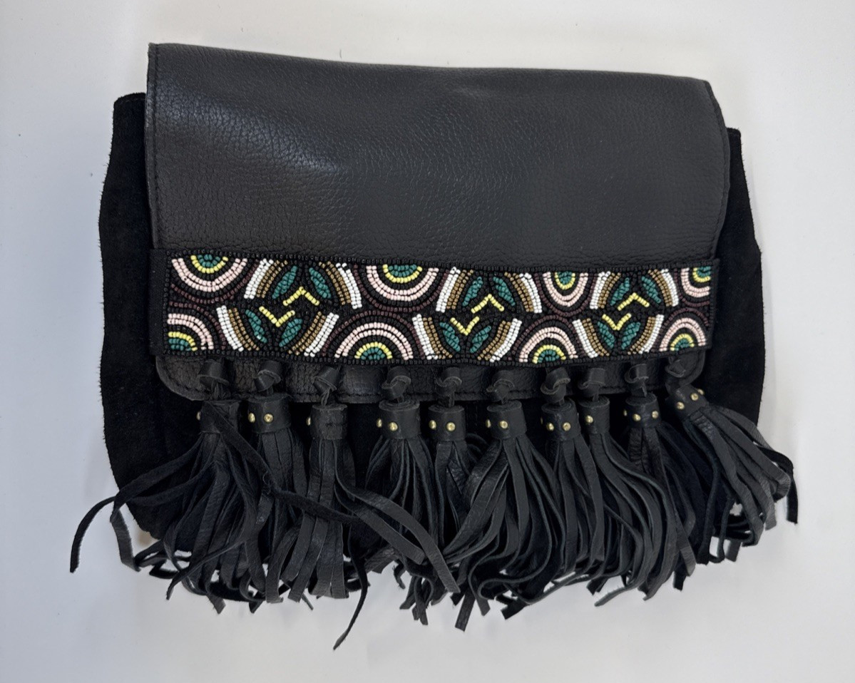 Next Clutch Bag Black Suede Leather Tassel Beaded Aztec Flap Hippie Boho Handbag