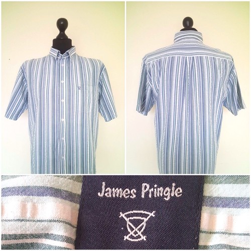 James Pringle Short Sleeve Shirt Men 100% Cotton Blue Stripe Size XL - Picture 2 of 12