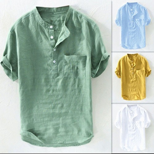 Hombres Manga Corta Sin Cuello Suave Camisas de Vestir Informales Sueltas Vacaciones Top Camiseta - Imagen 6 de 20