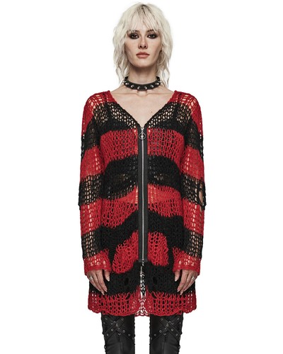 Punk Rave Womens Gothic Grunge Striped Shredded Cardigan Sweater Top Red Black - Picture 4 of 13