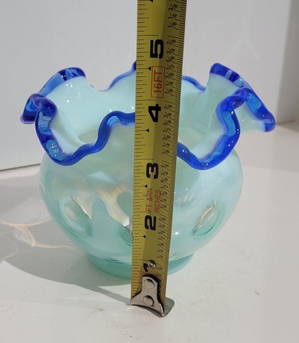 Vintage Fenton Opaline Coin Dot Rose Bowl with Cobalt Blue Ruffle Edge - Picture 6 of 7