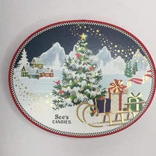 See's Candies Christmas Oval Empty Candy Box Sleigh Presents Snow Gifts Tree
