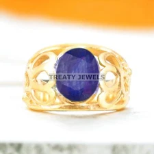 Blue Sapphire Oval Cut With 925 Sterling Silver Gold Plated Ring For Men #A225
