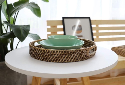 13.8 Inch Rattan Tray Round Wicker Tray With Cutout Handles Woven Serving Tray F - Picture 4 of 5