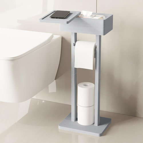 4-In-1 Light Gray Toilet Paper Holder Stand with Storage Shelf Box, Bamboo Free - Picture 12 of 12
