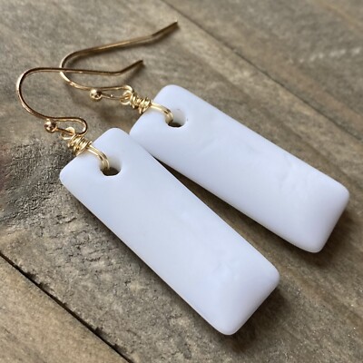 Min Favorit Opaque White Sea Glass Rectangle Drop & Silver Pl Artisan Earrings