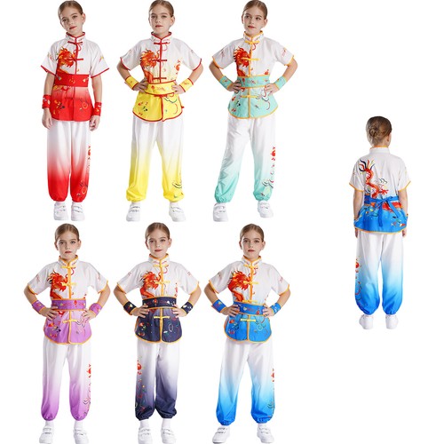 Unisex Kids Set Tai Chi Outfit Soft Kung Fu Suit Short Sleeve Belt Boys Pants - Picture 2 of 84