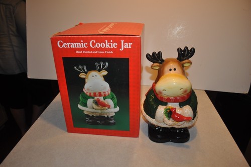 Christmas Reindeer/Moose With Cardinal Cookie Jar Royal Seasons Ceramic 10 1/2” - Picture 1 of 10