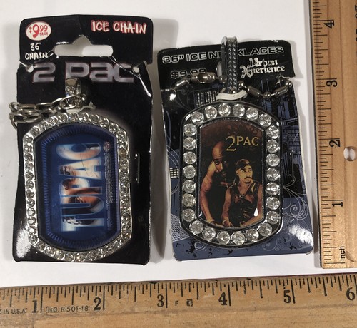 Lot Of 2 2Pac Tupac Shakur Rhinestone Bling Pendant 36" Ice Chain Necklace 2007