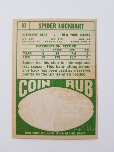 SPIDER LOCKHART 1968 TOPPS FOOTBALL #83 NEW YORK GIANTS - Bild 2 von 2