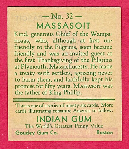 1933 R73 Goudey Indian Gum Card #32 - MASSASOIT - Series 96 - NICE - MINT! - Picture 2 of 4