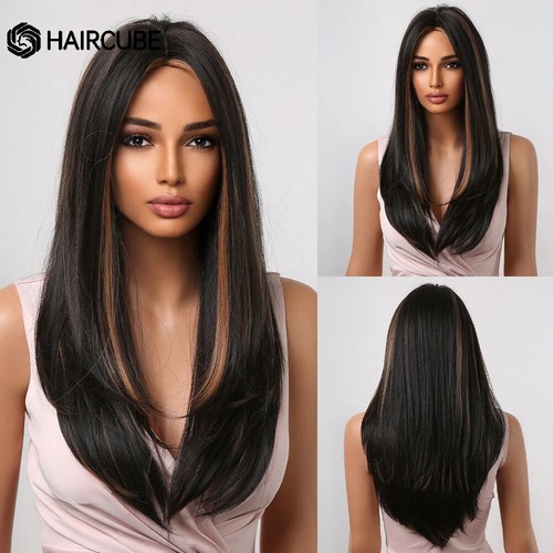 Honey Brown Straight Synthetic Wigs Middle Part Heat Resistant Daily Cosplay Wig - Picture 34 of 56