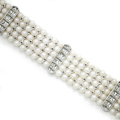 Vintage Multi-Row Pearl Bracelet with Diamonds 18K White Gold - Picture 5 of 9
