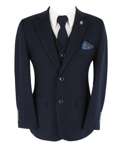 Boys Self Pattern Suit Husky Navy Blue Pageboy Wedding Funeral Prom 5 Piece Set - Picture 3 of 12
