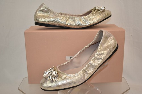 MIU MIU 5F149C PIRITE PYTHON PRINT SHIMMER LAME CRYSTALS JEWELED BOW FLATS 37.5 - Picture 1 of 12