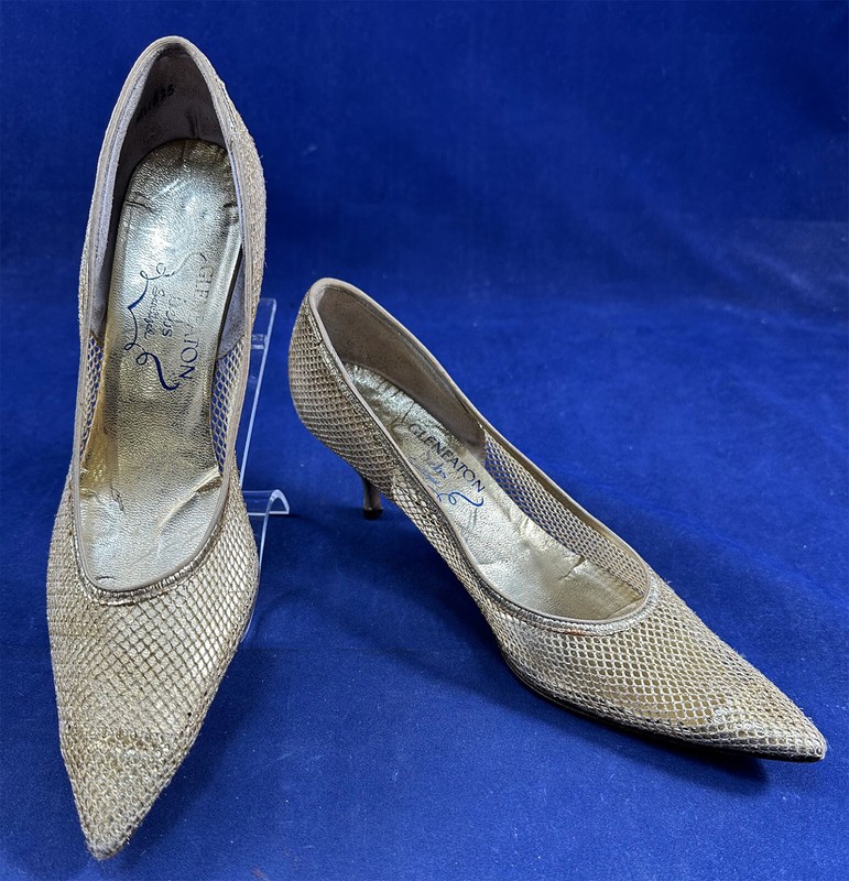 Vintage Glen Eaton Debs Gold Lame Metallic Mesh Winklepicker Stiletto Heel Shoes