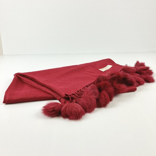 Pashmina 70% Cashmere 30% Silk Red Scarf Large Wrap Shawl Fur Ball Fringe NWOT - Picture 3 of 9
