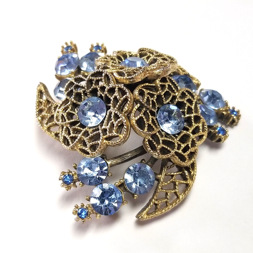 Große gewölbte blaue Strass Brosche Lagenlook Blumen filigran Pinwheel Vintage - Bild 5 von 11