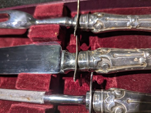 SET VINTAGE 3 CHELTENHAM ENGLAND SET INTAGLIO PIASTRA ARGENTO COLTELLO FORCELLA ACCIAIO CON CUSTODIA - Foto 10 di 12