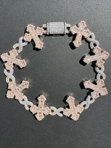 6.0 ct Round Tested Moissanite Gothic Cross link Bracelet 14k 2-Tone Gold Plated - Picture 2 of 14