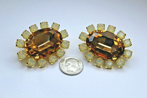 JOAN RIVERS GOLDTONE LARGE  AMBER TOPAZ OMEGA STUD EARRINGS 1 1/4 X 1 5/8" - Picture 3 of 5