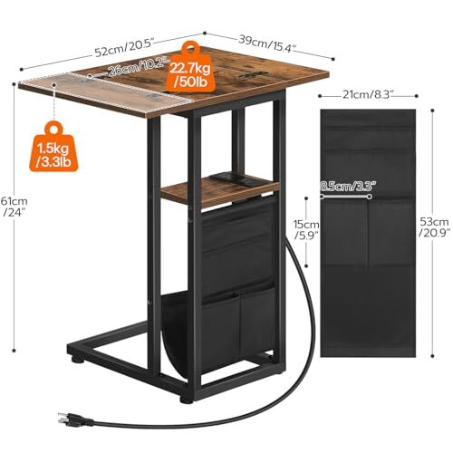 Mesa auxiliar en forma de C con estación de carga, extremo plegable rústico marrón + negro - Imagen 3 de 6