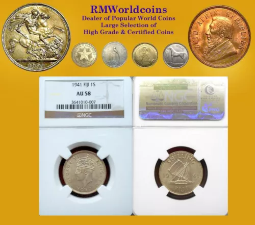 Fiji 1941 Shilling, NGC 58, Superb, Luster, Sharp Detail, Mintage 40,000
