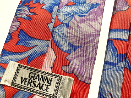 GIANNI VERSACE VINTAGE '90s BAROQUE FLOWER TIE FLORAL GRIDS ITALY BLUE RED - Picture 20 of 20