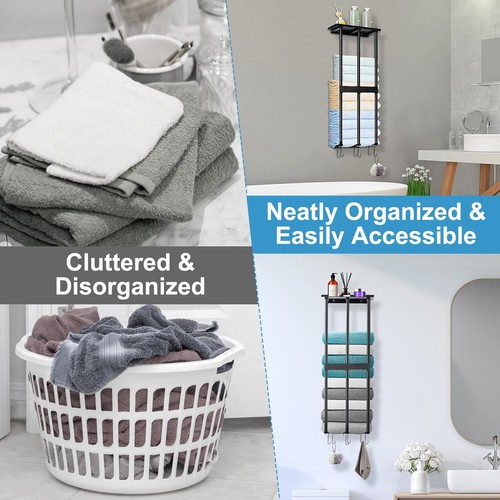 Metal Towel Rack Towel Storage Holder with Hooks Wall Mounted Bathroom Organizer - Picture 8 of 13