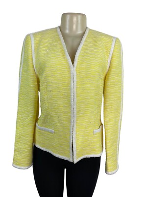 Escada Yellow Textured Tweed Jacket With White Trim Womens Size 38