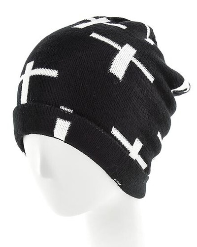 White Cross on Black Pattern Knit Hat Toboggan Beanie Unisex Warm Winter - Picture 2 of 3